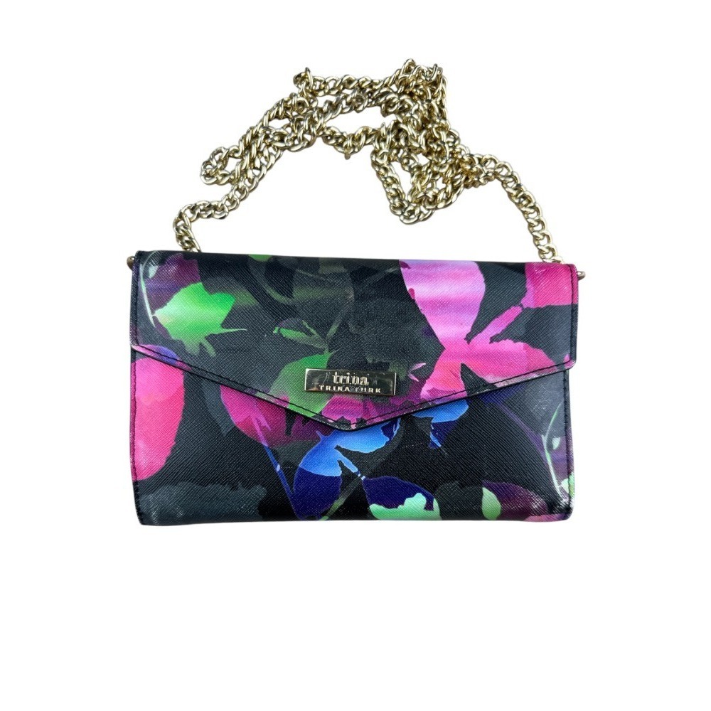 Trina Turk Watercolor Floral Crossbody Wallet on Chain Black Purple Cell Holder